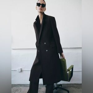 NWT Zara Wool Oversized Dark Brown Double-Breasted Trench Coat Size M